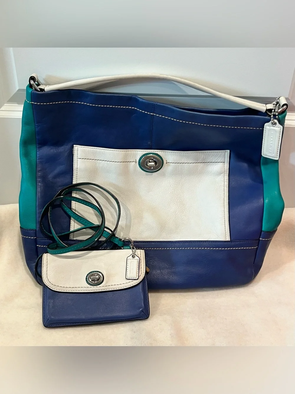 Coach Carrie Color block Leather Shoulder Bag with Matching Crossbody Wallet Set